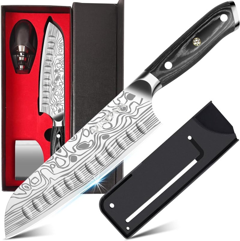 MOSFiATA Santoku Knife- 7 Inch Vegetable Knife Ultra Sharp Chopping Knife- Forged EN.4116 German Steel- Including Sheath,Finger Guard,Knife Sharpener,Full Tang,Best Gifts with Handmade Gift Box - Image 1